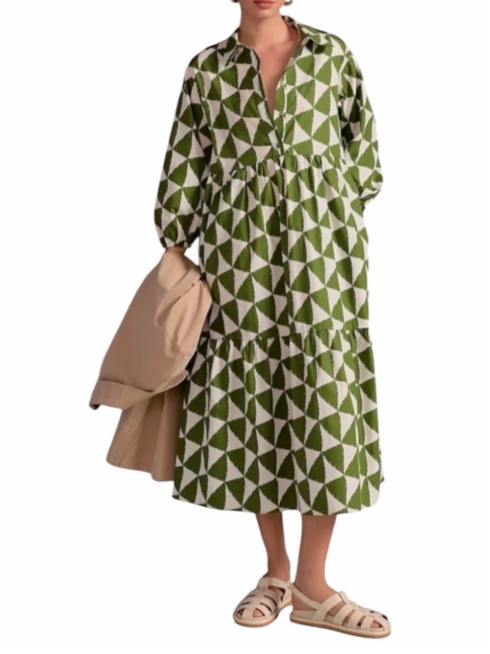 Maeve Anthropologie Bettina tiered shirt dress Midi maxi Dress geometric large - Picture 3 of 15